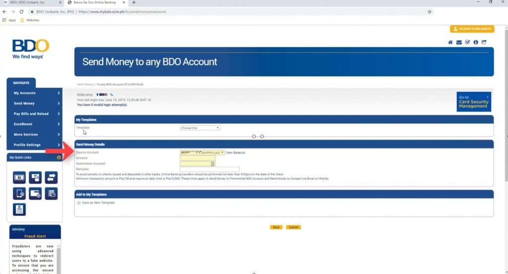 how to send money to bdo account